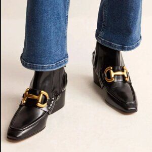 Boden snaffle w/gold trim black leather ankle boots in womens size 6 (EU 37)
